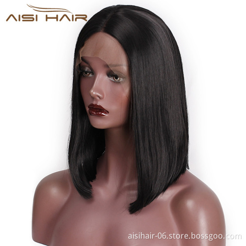 Aisi Hair 14 inch Short Bob Lace Frontal Black Wig Synthetic Hair Natural Front Lace Wig Straight Silky Wigs For Black Women